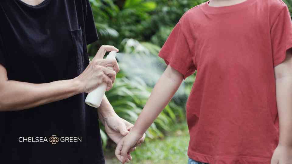 Parent applying insect spray to child